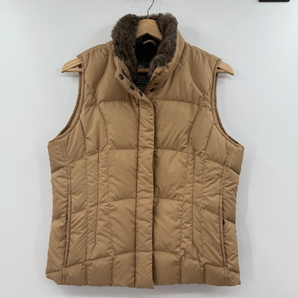 Eddie Bauer goose Down‎ Women's Vest Puffer Quilted Faux Fur Collar Tan